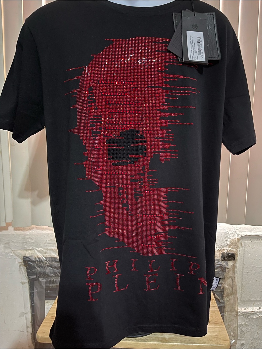 Philipp Plein Black Short Sleeve Tee with Red Crystal Skull Graphic